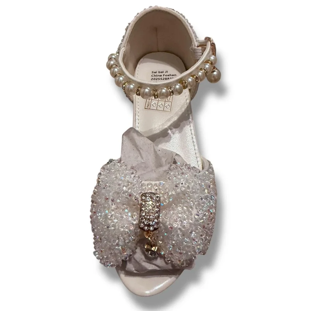NIB SaiBeiji Kids Girls White Sparkle Bow Pearl Strap Dress Shoes Sz 11.5